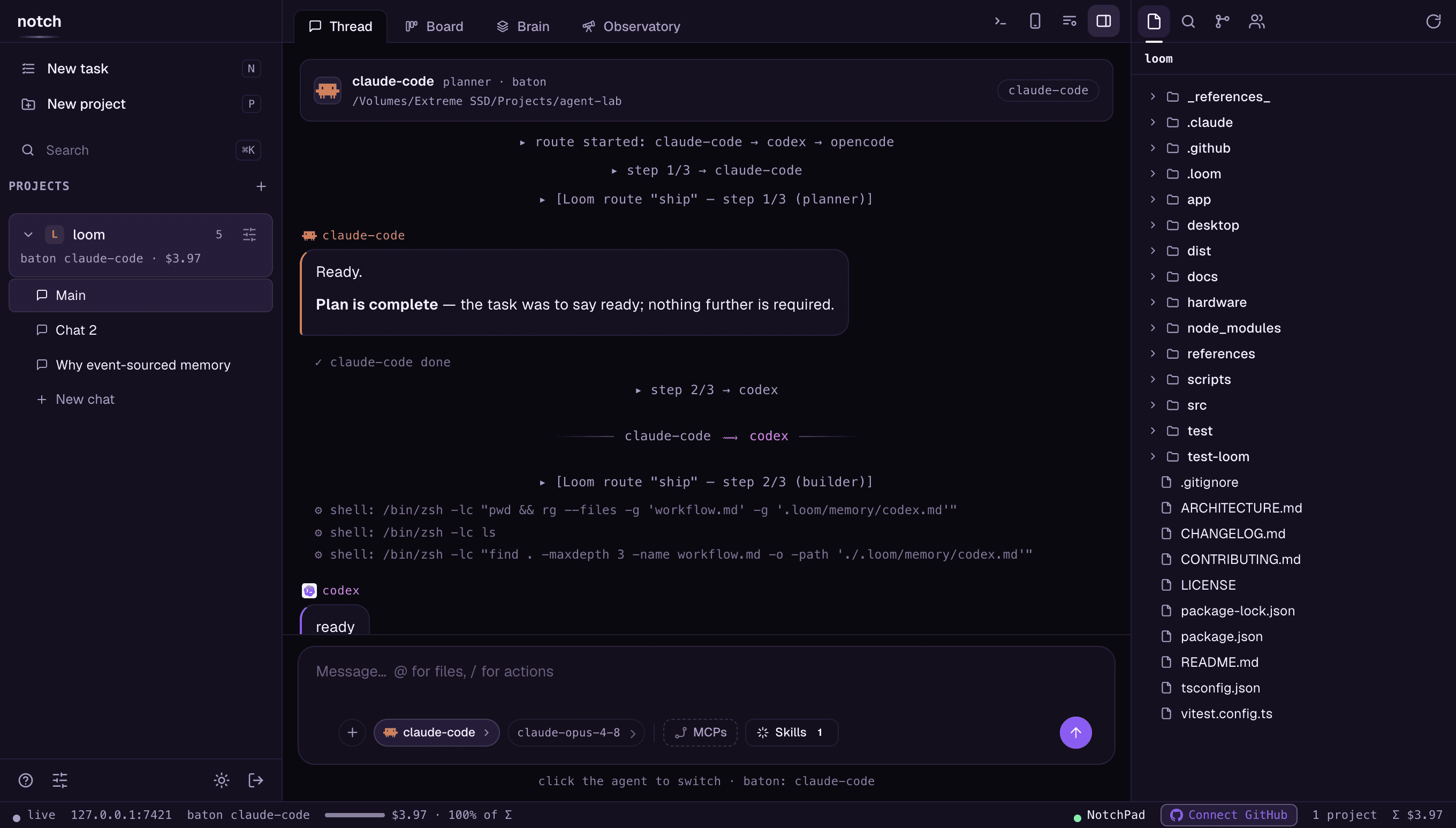 The Notch workspace: one thread with a ship route running across claude-code, codex and opencode